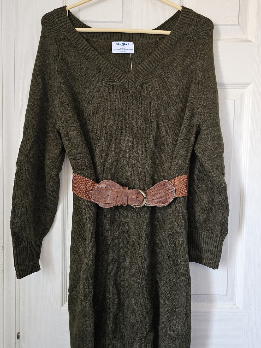 NWT Old Navy Olive Green V-Neck Sweater Dress- Size Medium Petite